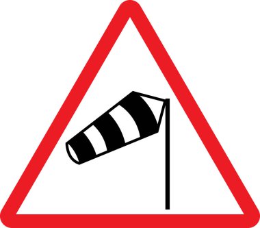 Sağ uyarı işaretinin çapraz rüzgarı. Kırmızı üçgen arka plan. Yol güvenlik işaretleri ve sembolleri.