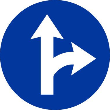 Compulsory ahead or right turn sign. Blue circle Background. Traffic signs and symbols.