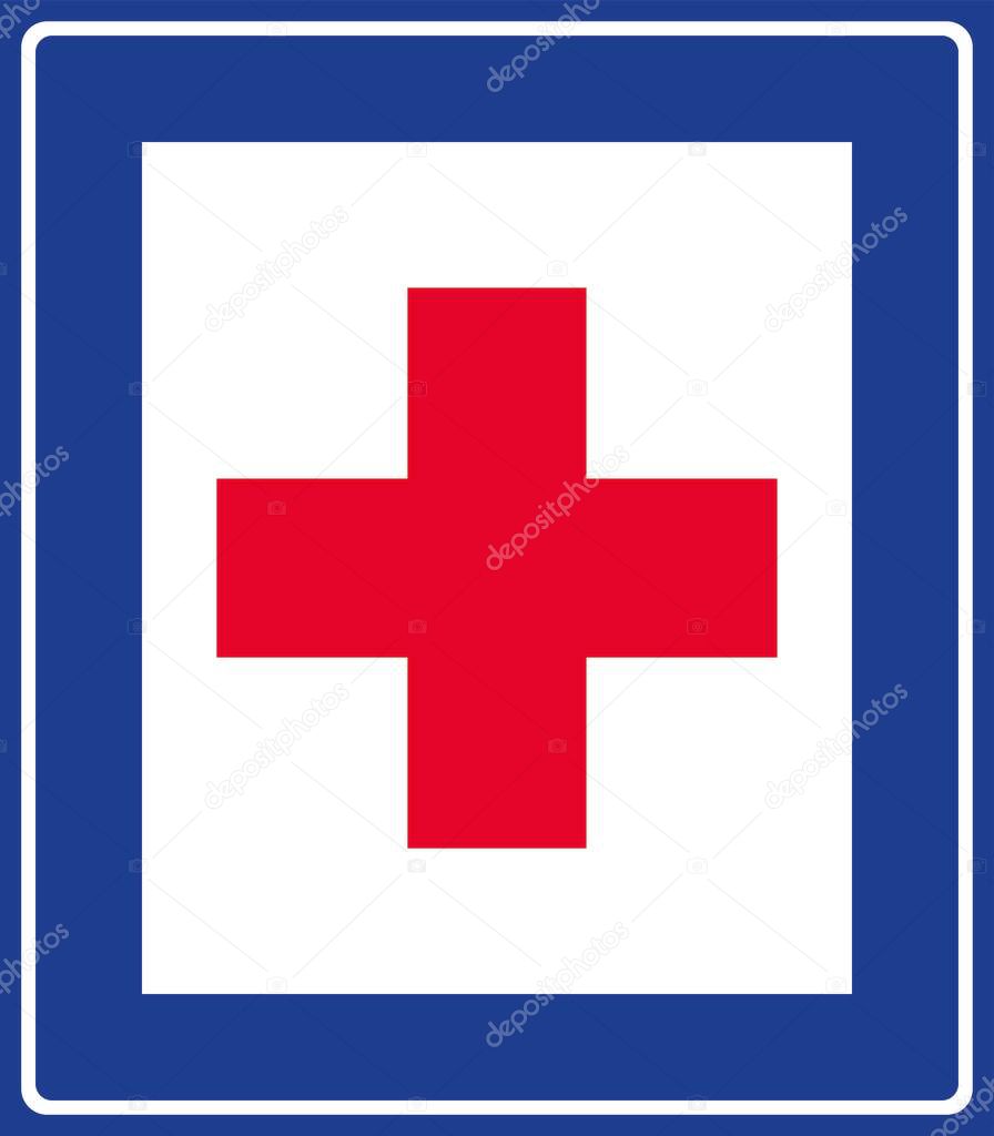 First aid box sign. Blue background. Hospital signs and symbols.