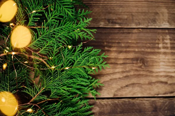 Hintergrund Der Weihnachtsbeleuchtung Aus Grünen Thuja Zweigen Auf Der Braunen — Stockfoto