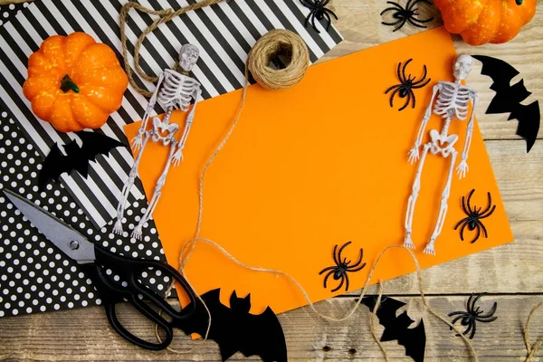 Concept Happy Halloween Holiday Halloween Decorations Bats Skeleton Orange Background — Stock Photo, Image