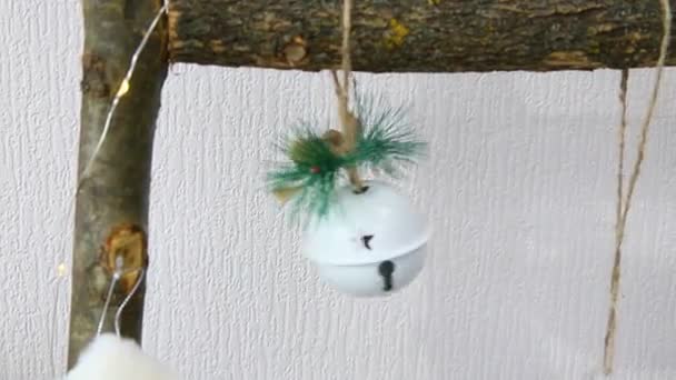 Child Touches Ball Hanging Decorative Staircase His Hand Christmas Decoration — Vídeo de Stock