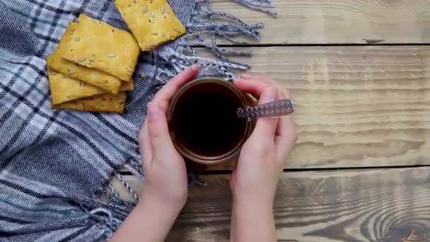 Mug Black Coffee Wooden Table Warm Blanket Delicious Cookies Women — Vídeo de Stock