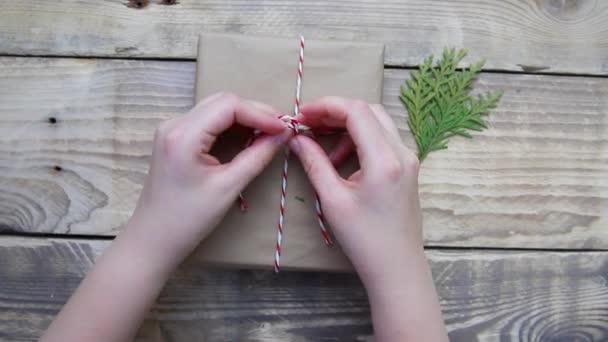 Women Hands Pack Gift Christmas New Year Environmentally Friendly Materials — Vídeo de Stock