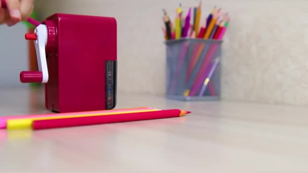 Woman Hand Holds Mechanical Pencil Sharpener Table Back School Preparation — Stock Video