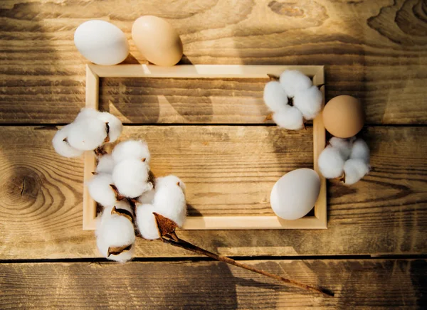 Eier Und Ein Zweig Mit Weißen Baumwollblumen Mit Sonnigen Schatten Stockbild