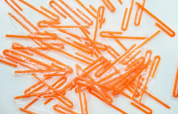 Plastic Orange Cocktail Straws White Background Concept Non Eco Friendly — Stock Photo, Image