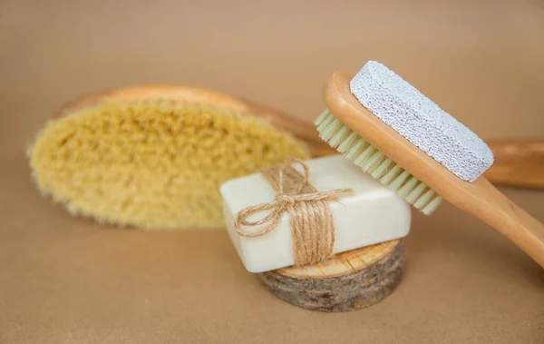 Wooden Brush Dry Body Massage Natural Soap Foot Brush Pumice — Stock Photo, Image