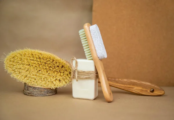 Wooden Brush Dry Body Massage Natural Soap Foot Brush Pumice — Stock Photo, Image