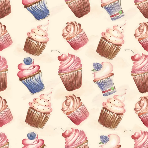 Nahtlose Muster mit Kuchen, Cupcakes — Stockfoto