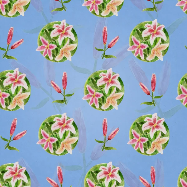 Seamless floral pattern with lilies on a blue background