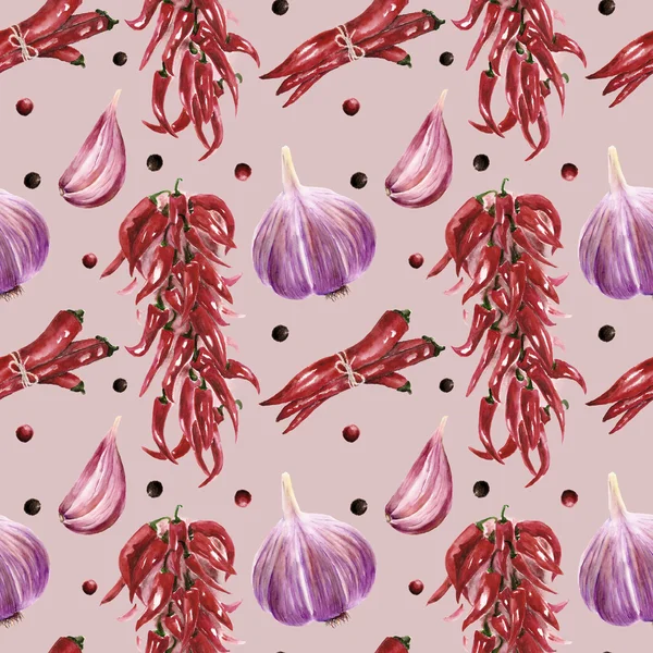 Seamless pattern with chilly peppers and garlic — Stock Photo, Image