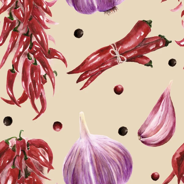 Seamless pattern with chilly peppers and garlic — Stock Photo, Image