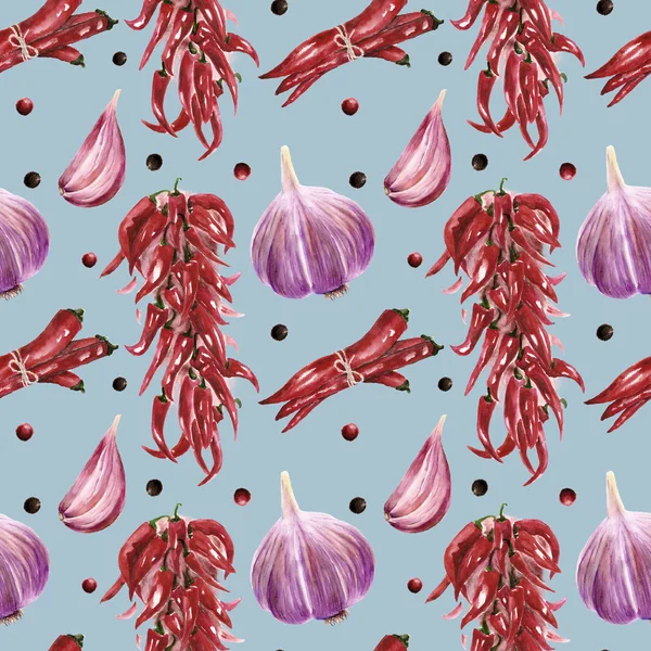 Seamless pattern with chilly peppers and garlic — Stock Photo, Image