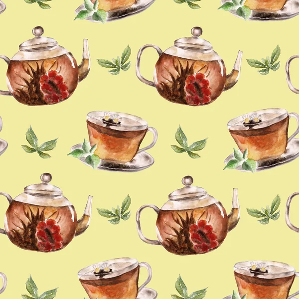 Seamless pattern with cup of tea and teapot — Stock Photo, Image