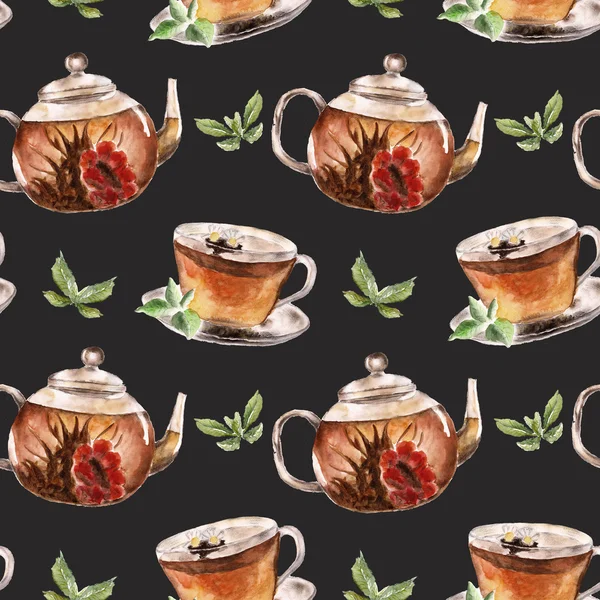 Fincan çay ve çaydanlık ile Seamless Modeli — Stok fotoğraf