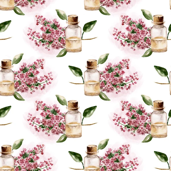 Bezszwowe wzór z kwiatów i gałęzi butelki perfum — Zdjęcie stockowe