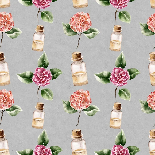 Bezešvé pattern s? amellia květin a parfémy láhev — Stock fotografie