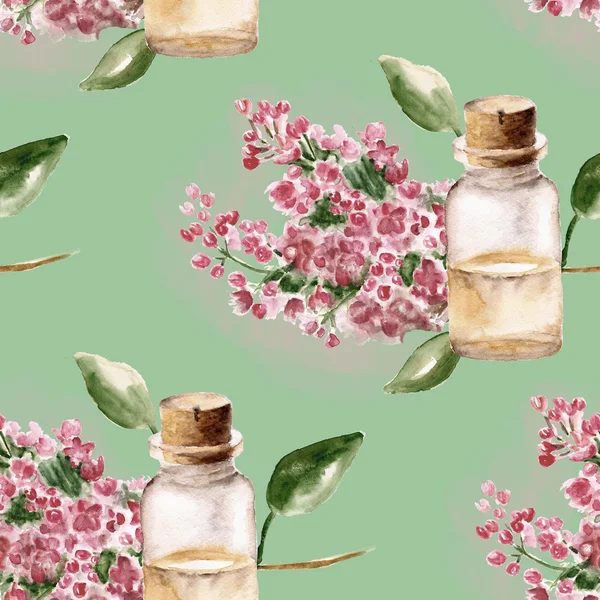 花と香水瓶の枝とのシームレスなパターン — ストック写真