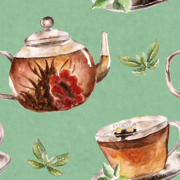 Nahtloses Muster mit Tasse Tee und Teekanne — Stockfoto