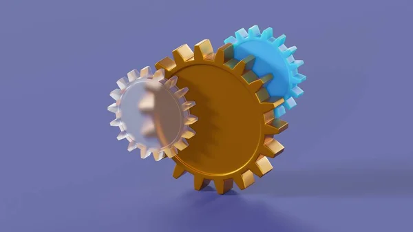 Coin-like gold, blue and glass gears on a blue isolated background 3d render
