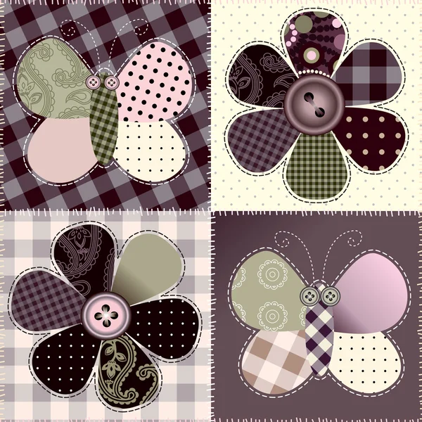 Patchwork con flores y mariposa — Vector de stock