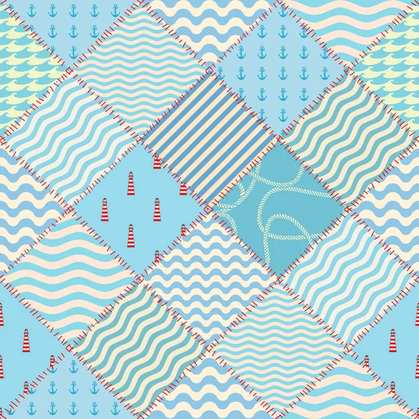 Naadloos Patroon Patchwork Patroon Marine Stijl Vectorillustratie — Stockvector