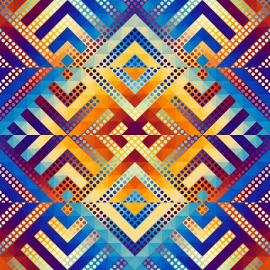 Üçgenlerin kusursuz deseni Aztek soyut düşük polimetrik süslemesi. Spor moda tekstili. Vektör resmi.