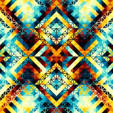Üçgenlerin kusursuz deseni Aztek soyut düşük polimetrik süslemesi. Spor moda tekstili. Vektör resmi.