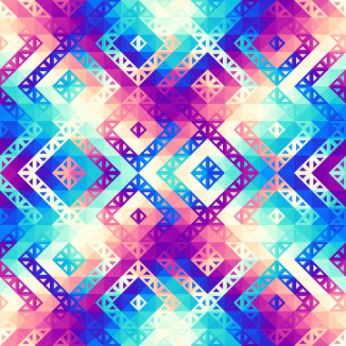 Üçgenlerin kusursuz deseni Aztek soyut düşük polimetrik süslemesi. Spor moda tekstili. Vektör resmi.