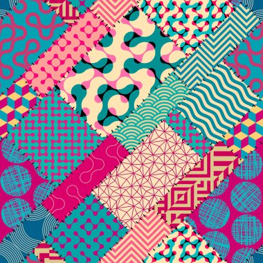 Kusursuz bir arka plan modeli. Tekstil yama kalıbı eski geometrik tarzda. Vektör resmi