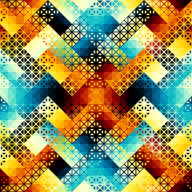 Üçgenlerin kusursuz deseni Aztek tarzı soyut düşük polimetrik geometrik süs. Spor moda tekstili. Vektör resmi.