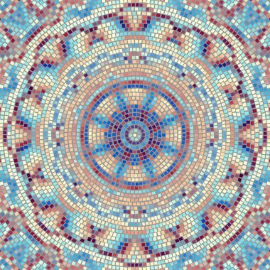 Kusursuz mozaik sanat modeli. Soyut sanat geçmişi.. Dekoratif Mozaik Mandala süsü. Vektör resmi.