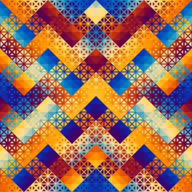 Üçgenlerin kusursuz deseni Aztek tarzı soyut düşük polimetrik geometrik süs. Spor moda tekstili. Vektör resmi.