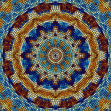 Kusursuz mozaik sanat modeli. Soyut sanat geçmişi.. Dekoratif Mozaik Mandala süsü. Vektör resmi.