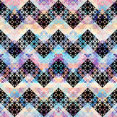 Üçgenlerin kusursuz deseni Aztek tarzı soyut düşük polimetrik geometrik süs. Spor moda tekstili. Vektör resmi.