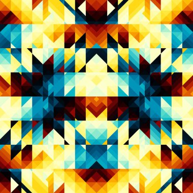 Üçgenlerin kusursuz deseni Aztek soyut düşük polimetrik süslemesi. Spor moda tekstili. Vektör resmi.