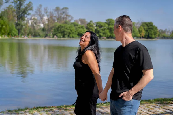 Multi Ethnic Couple Formed Andean Woman Caucasian Man Walking Lake — Zdjęcie stockowe