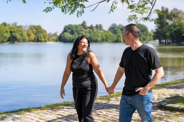 Multi Ethnic Couple Formed Andean Woman Caucasian Man Walking Lake — Zdjęcie stockowe