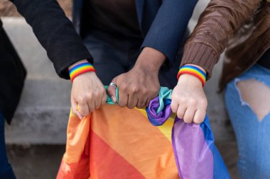 lgbt bileklikleri takan, lgbt bayrağı taşıyan çok ırklı bir grup..