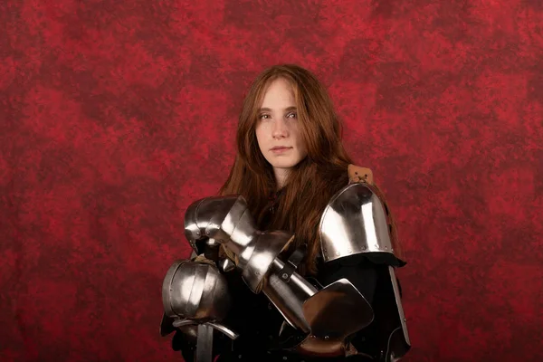 History Middle Ages Portrait Beautiful Medieval Female Knight Armour Red — 스톡 사진