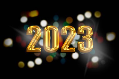2023. 3 boyutlu illüstrasyon. Bokeh arka planında altın 3D harflerle 2023 numara..