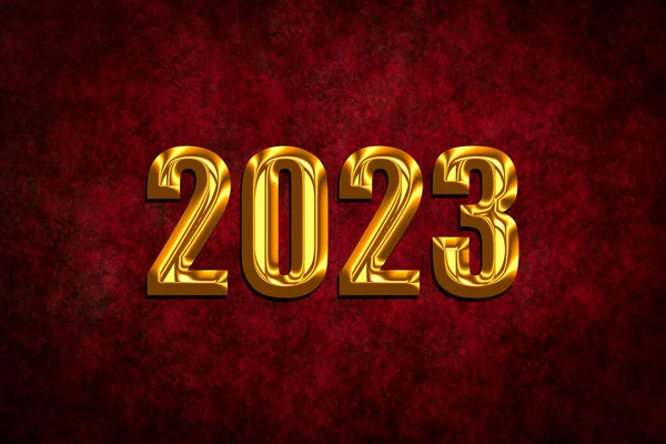 2023. 3 boyutlu illüstrasyon. Kırmızı ve siyah arkaplanda altın 3d harflerle 2023 numara..