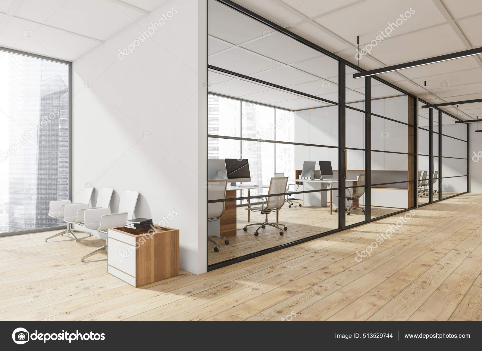 Office Corridor White Seating Wood Plank Flooring Linear Lights