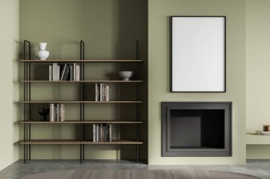 Oturma odasının iç tarafındaki açık yeşil duvarda boş bir çerçeve, bir şömine, bir raf ünitesi ve gri beton zeminde bir halı var. Model yap. Modern ev tasarımı kavramı. 3d oluşturma