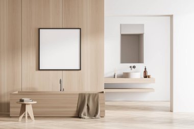 Ahşap banyo duvarında kare maket çerçeve modern dikdörtgen banyo küveti, arka planda ayna olan dışkı ve yüzen kibir. Parke tarzı zemin. Moda tasarımı konsepti. 3d oluşturma