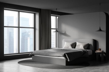 Yatak odası, yastıklar, beton zemin ve lambalı kahve masaları. Moskova şehir manzaralı, 3 boyutlu, pencerenin yanındaki uyku odasında kopya alanı