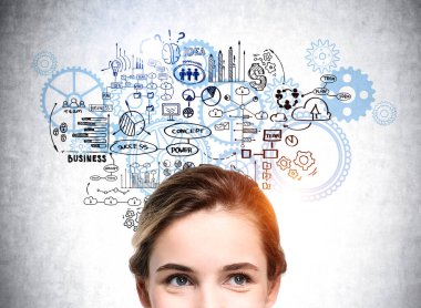 İş kadını, çark, teçhizat, ampul, iş dünyası, bulut veri depolama planı, ekip çalışması, beton duvardaki başarıyla çizimin yanında duruyor. Hayal gücü kavramı ve yaratıcı fikir için ilham.