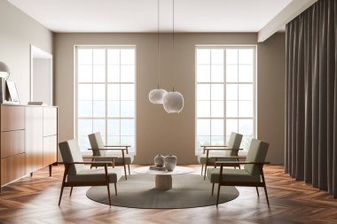 Açık yeşil oturma odasının içinde dört koltuk, iki pencere, trend lambaları, büfe, yuvarlak sehpa, perde ve parke döşeme. Modern ev tasarımı kavramı. 3d oluşturma