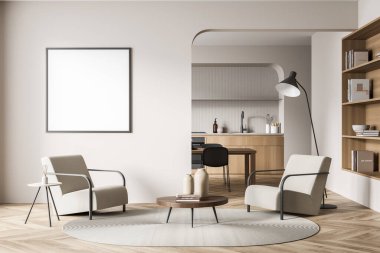 Oturma odası olan boş bir kare çerçeve. İçinde iki bej koltuk, modern detaylar, bir maket ve bir sonraki alanda bir mutfak var. Moda tasarımı konsepti. 3d oluşturma